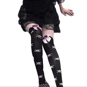Black Skulls Crossbones Satin Bow Tall Over Knee Socks Stockings NEW